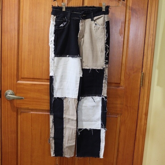 Crazy Cool Patchwork Mismatched Ragged Raw Edge Jeans Small Straight - Picture 2 of 11